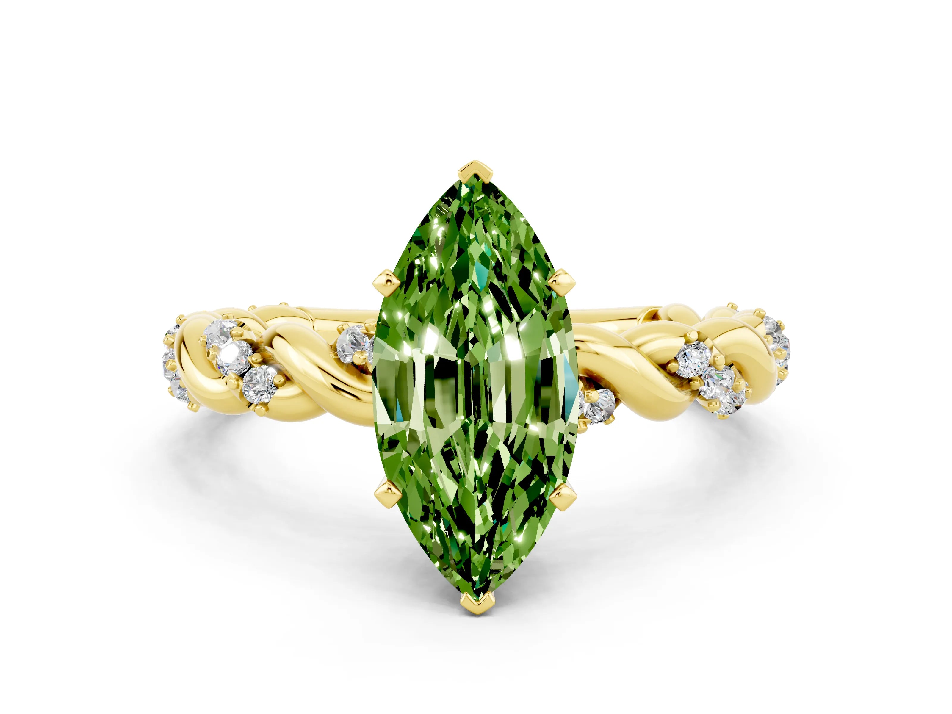 Yellow gold Marquise Cut Peridot Solitaire Ring with Twisted Band and Pavé Accents