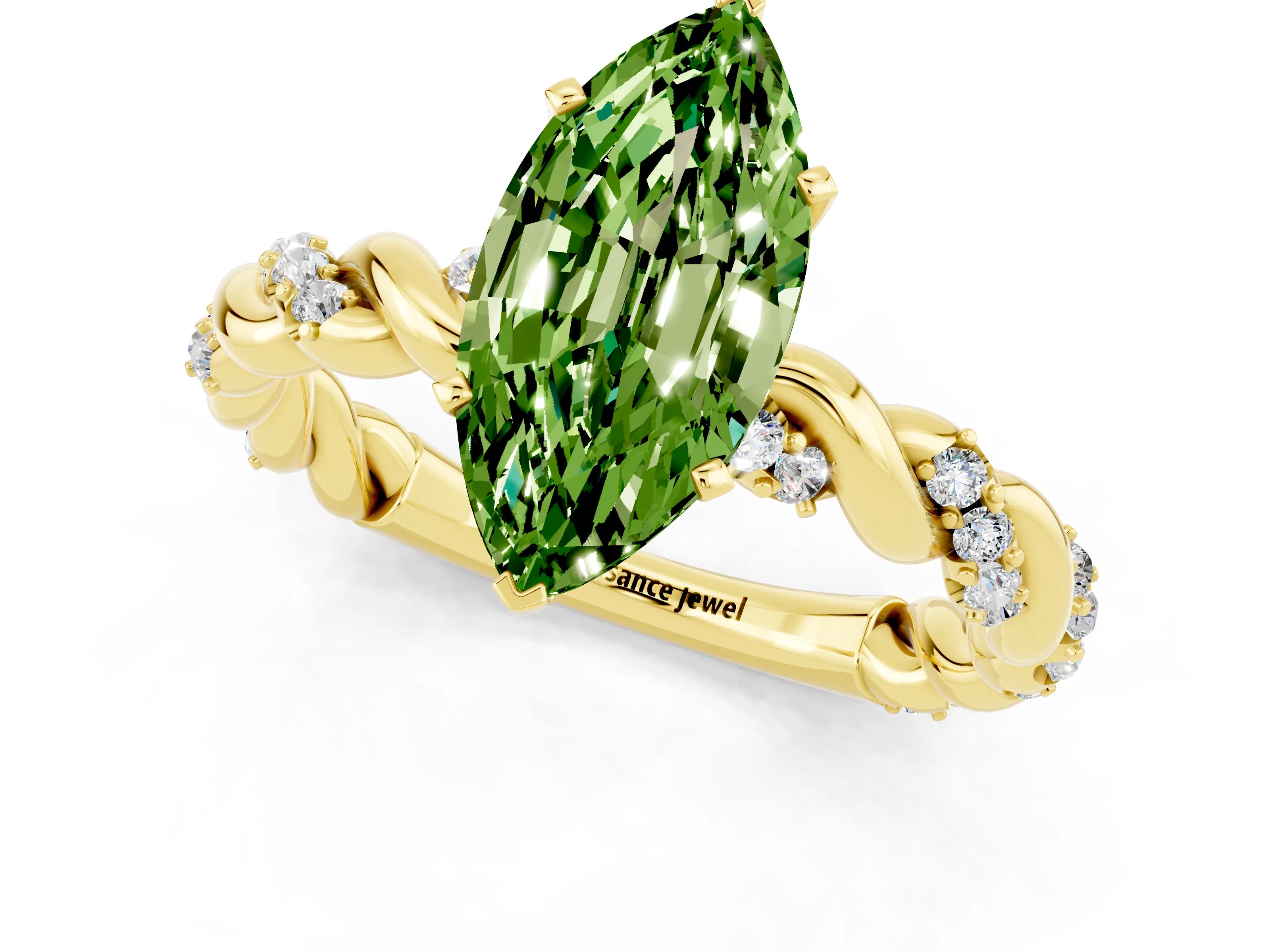 Yellow gold Marquise Cut Peridot Solitaire Ring with Twisted Band and Pavé Accents_1