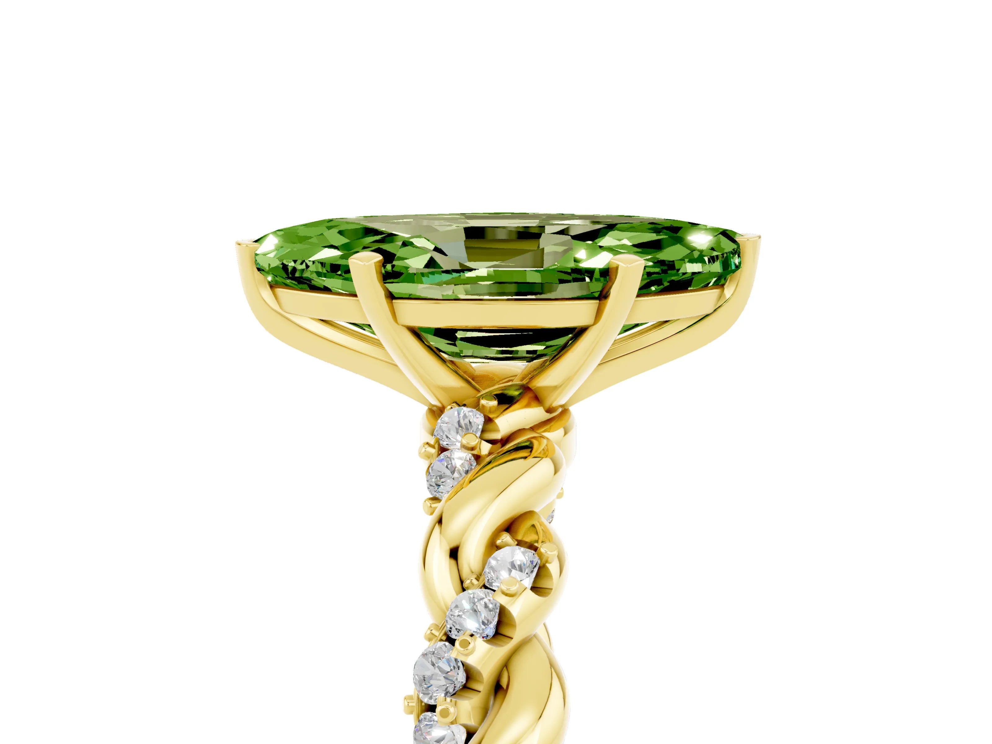 Yellow gold Marquise Cut Peridot Solitaire Ring with Twisted Band and Pavé Accents_5