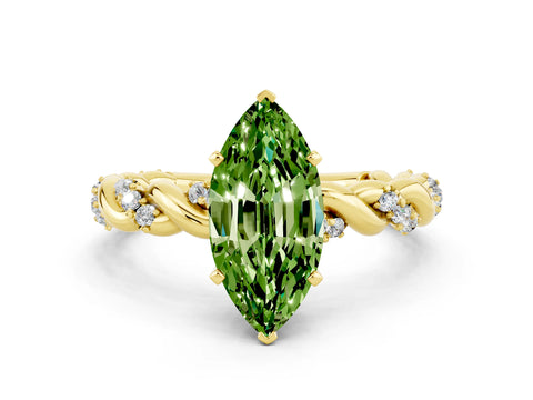 Yellow gold Marquise Cut Peridot Solitaire Ring with Twisted Band and Pavé Accents