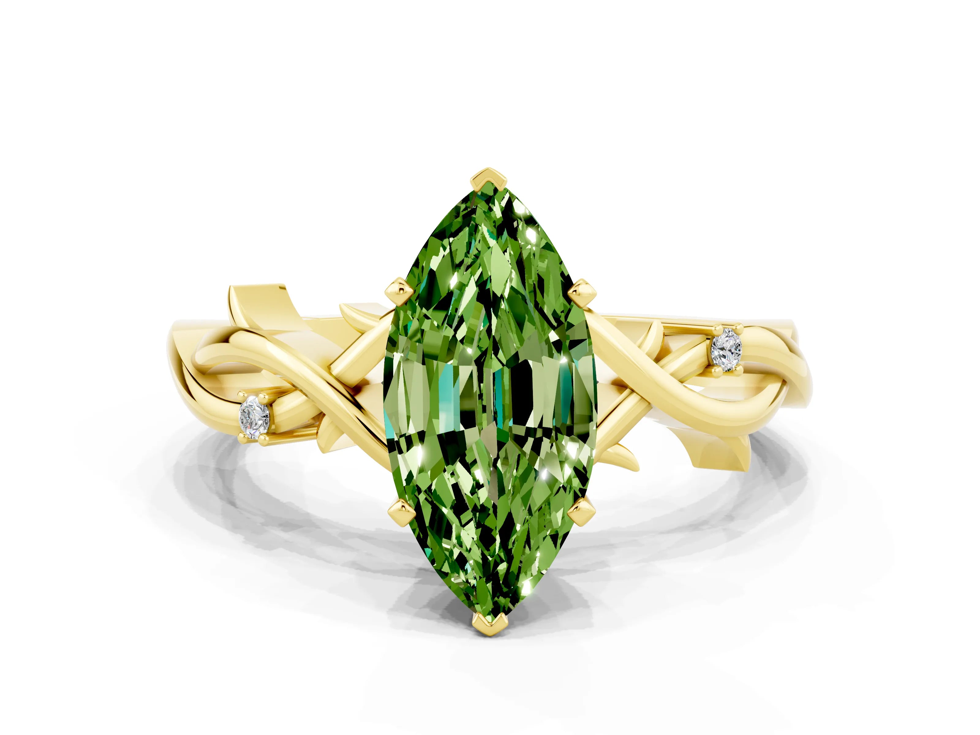 Yellow gold Marquise Cut Peridot Solitaire Ring with Twisted Band and Prong Setting