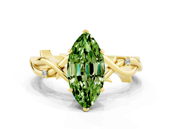 Yellow gold Marquise Cut Peridot Solitaire Ring with Twisted Band and Prong Setting
