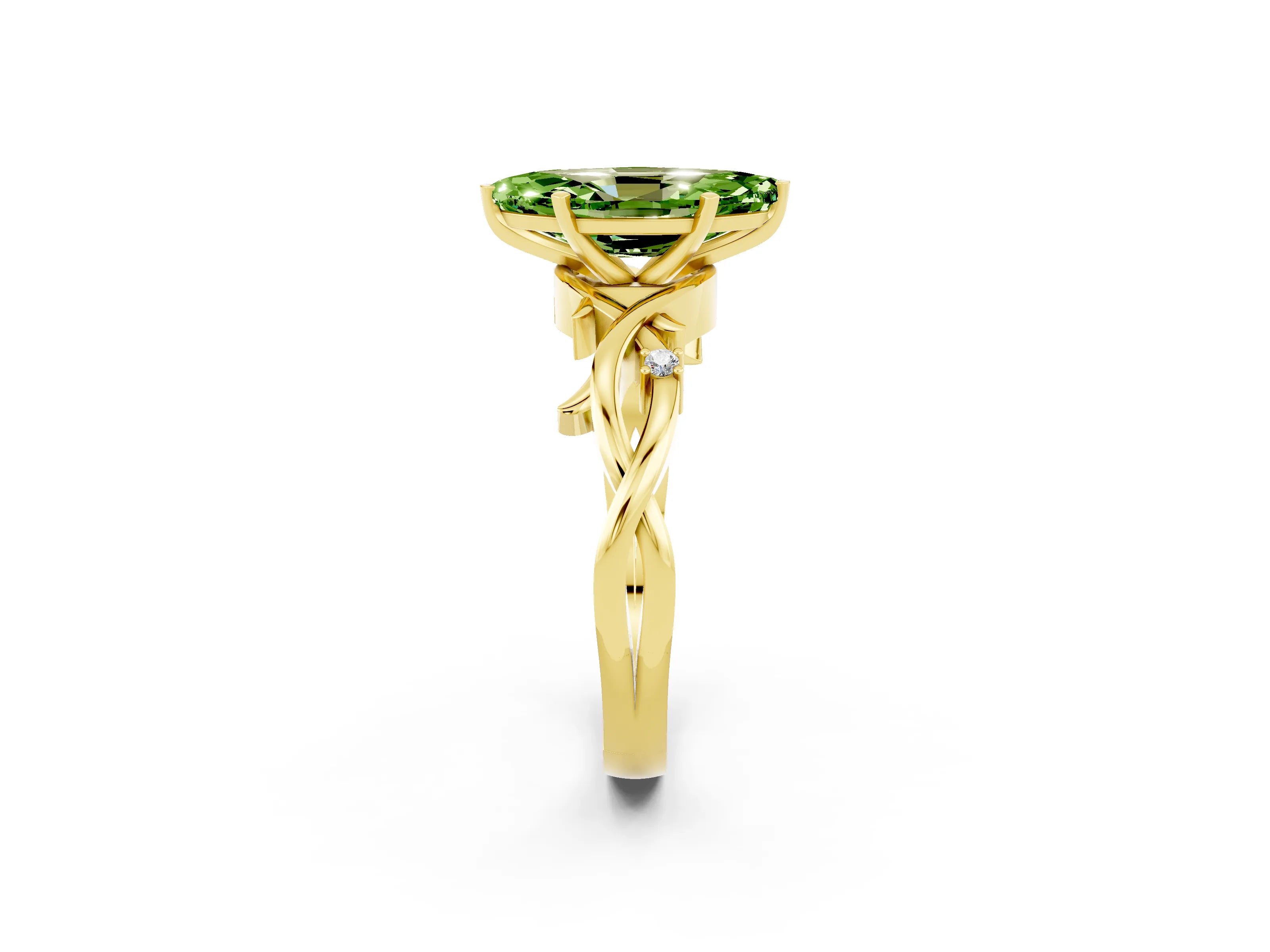 Yellow gold Marquise Cut Peridot Solitaire Ring with Twisted Band and Prong Setting_2