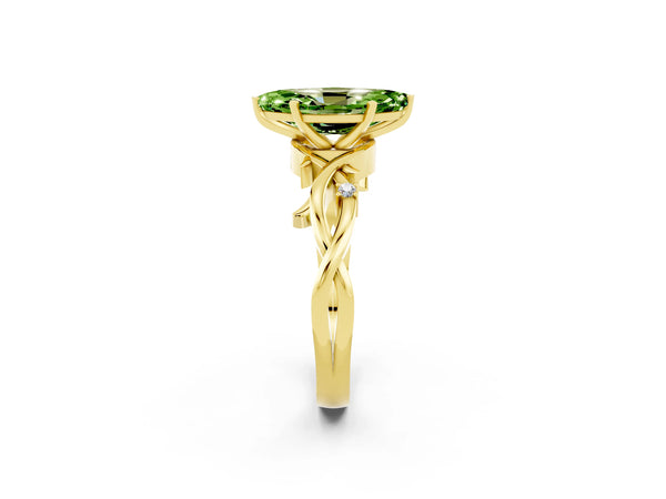 Yellow gold Marquise Cut Peridot Solitaire Ring with Twisted Band and Prong Setting