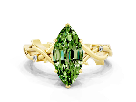 Yellow gold Marquise Cut Peridot Solitaire Ring with Twisted Band and Prong Setting