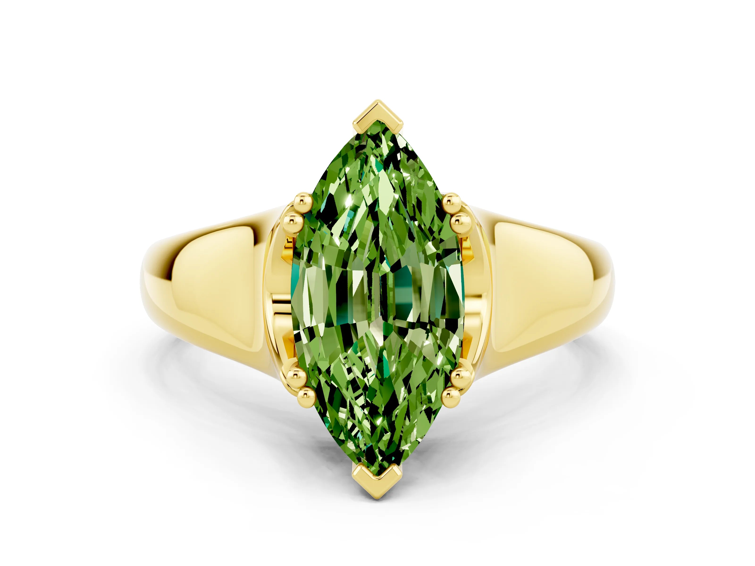 Yellow gold Marquise Cut Peridot Solitaire Ring with Wide Band and Prong Setting
