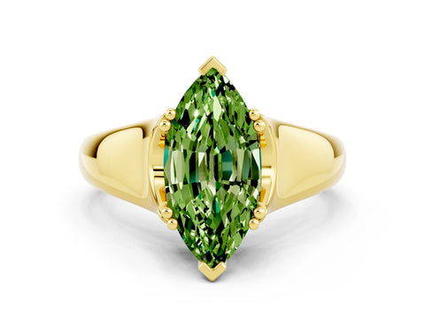 Yellow gold Marquise Cut Peridot Solitaire Ring with Wide Band and Prong Setting