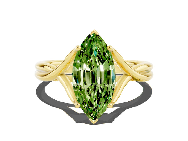 Yellow gold Marquise Cut Peridot Solitaire Twist Band Prong Setting Ring