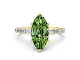 Yellow gold Marquise Cut Peridot Solitaire with Side Baguettes and Channel Set Band