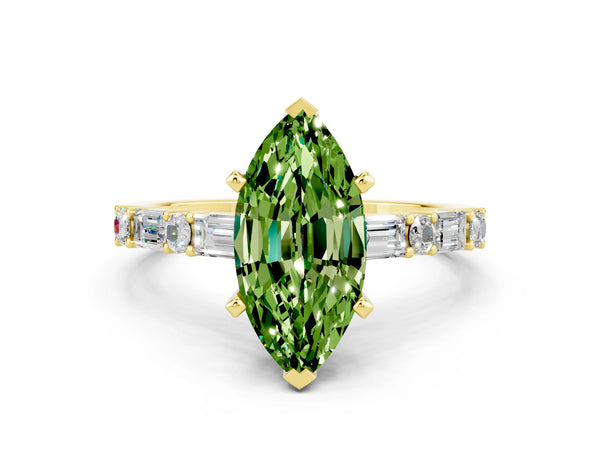 Yellow gold Marquise Cut Peridot Solitaire with Side Baguettes and Channel Set Band