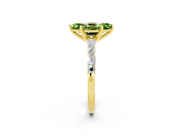 Yellow gold Marquise Cut Peridot Solitaire with Side Baguettes and Channel Set Band