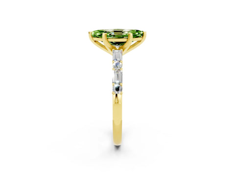 Yellow gold Marquise Cut Peridot Solitaire with Side Baguettes and Channel Set Band_2