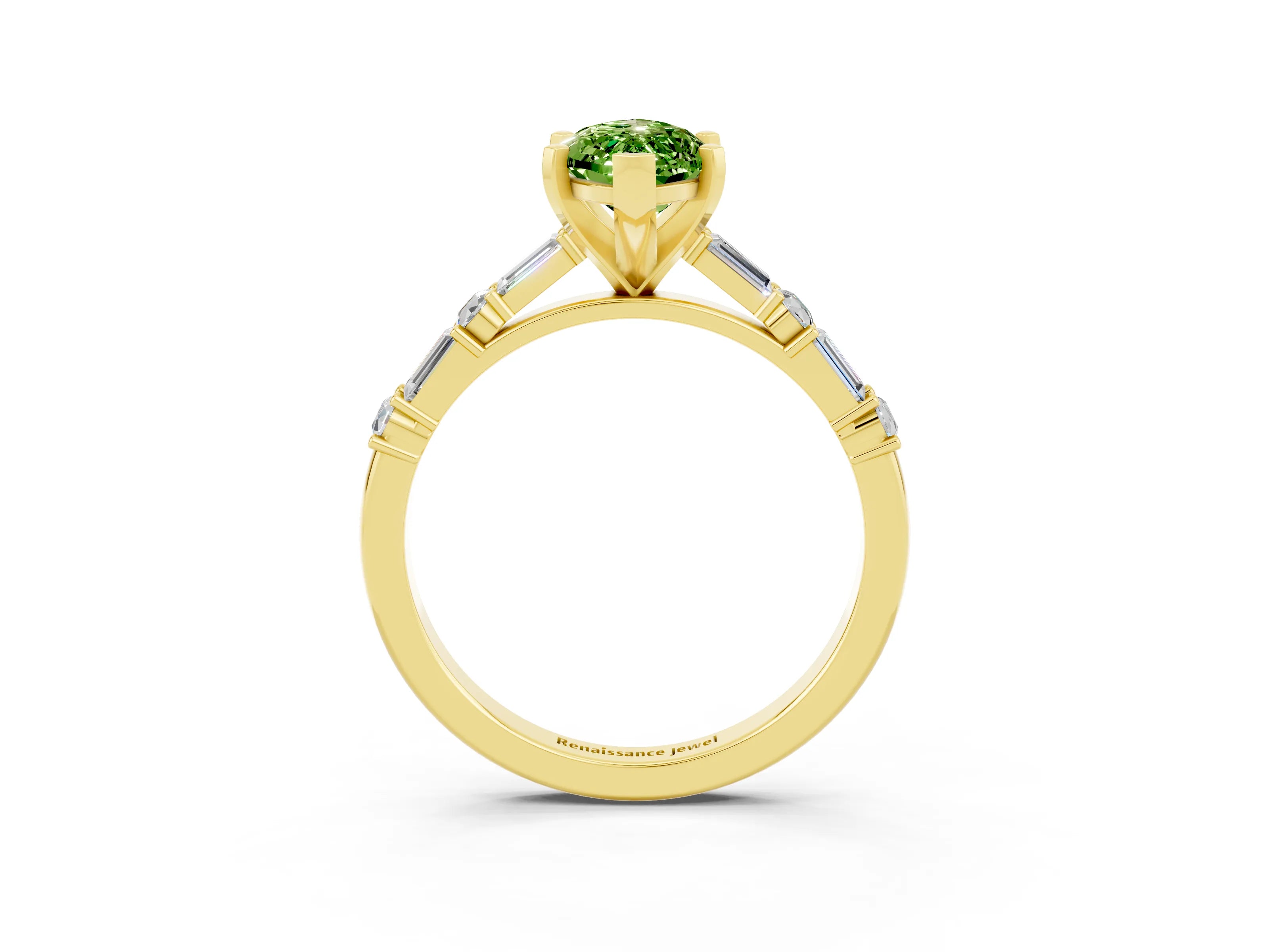 Yellow gold Marquise Cut Peridot Solitaire with Side Baguettes and Channel Set Band_3