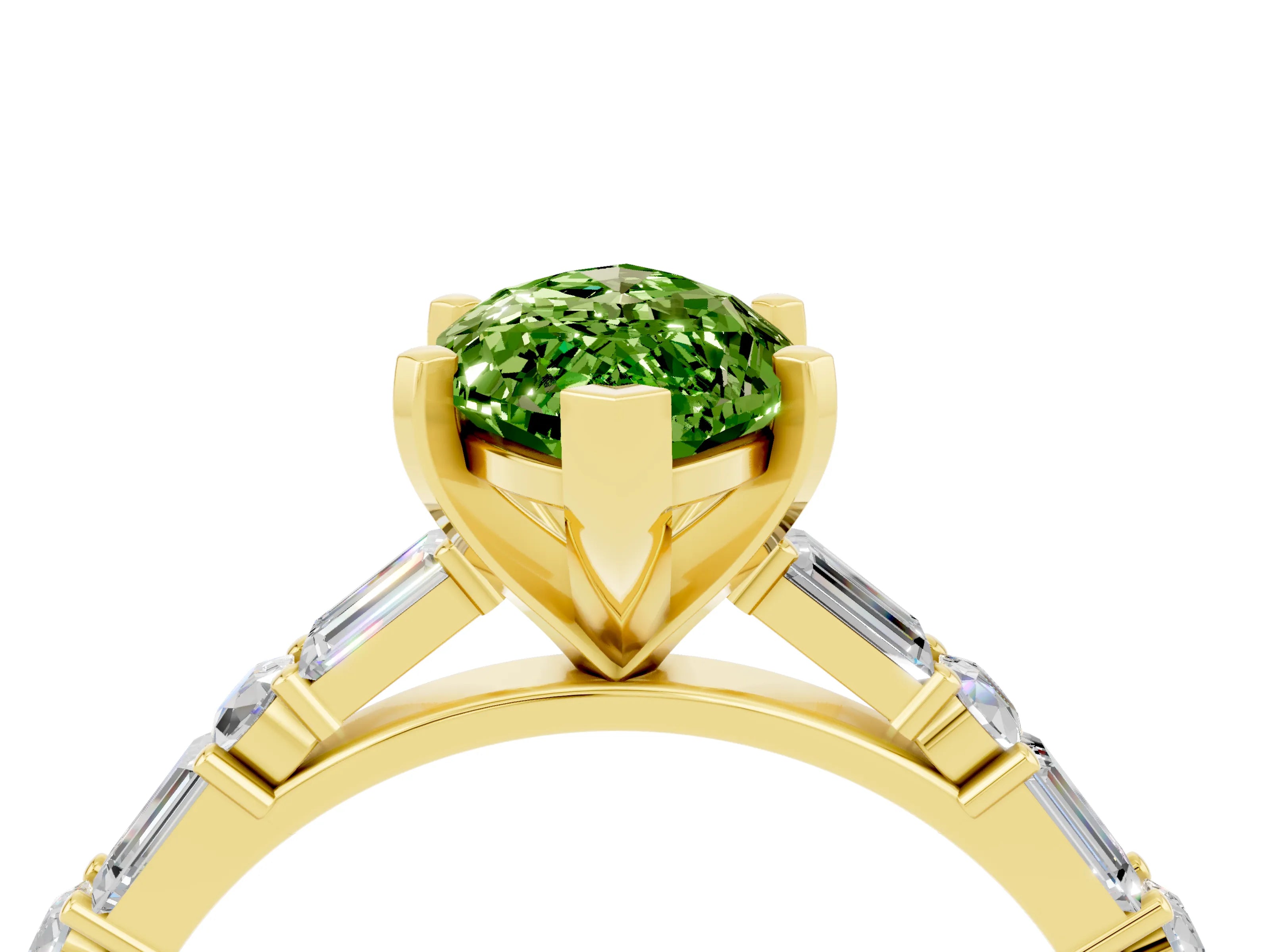Yellow gold Marquise Cut Peridot Solitaire with Side Baguettes and Channel Set Band_4