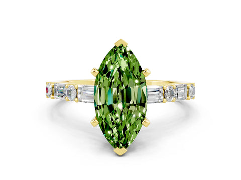 Yellow gold Marquise Cut Peridot Solitaire with Side Baguettes and Channel Set Band
