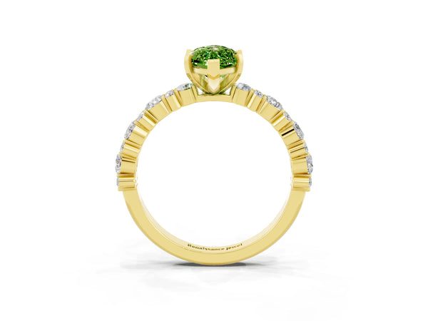 Yellow gold Marquise Cut Peridot Side Stone Solitaire Ring with Round  and Four-Prong Setting