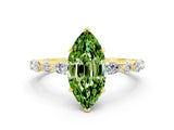 Yellow gold Marquise Cut Peridot Solitaire with Side Stones on a Pavé Band and Four-Prong Setting