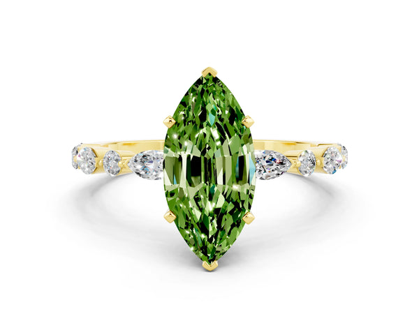 Yellow gold Marquise Cut Peridot Ring with Marquise and Round  Side Stones and Four-Prong Setting