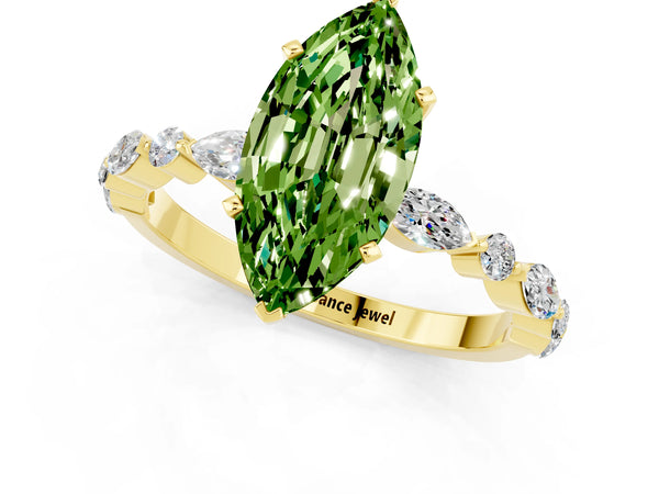 Yellow gold Marquise Cut Peridot Ring with Marquise and Round  Side Stones and Four-Prong Setting