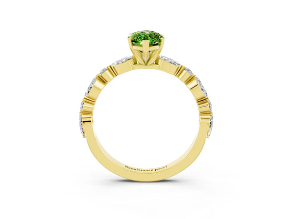 Yellow gold Marquise Cut Peridot Ring with Marquise and Round  Side Stones and Four-Prong Setting