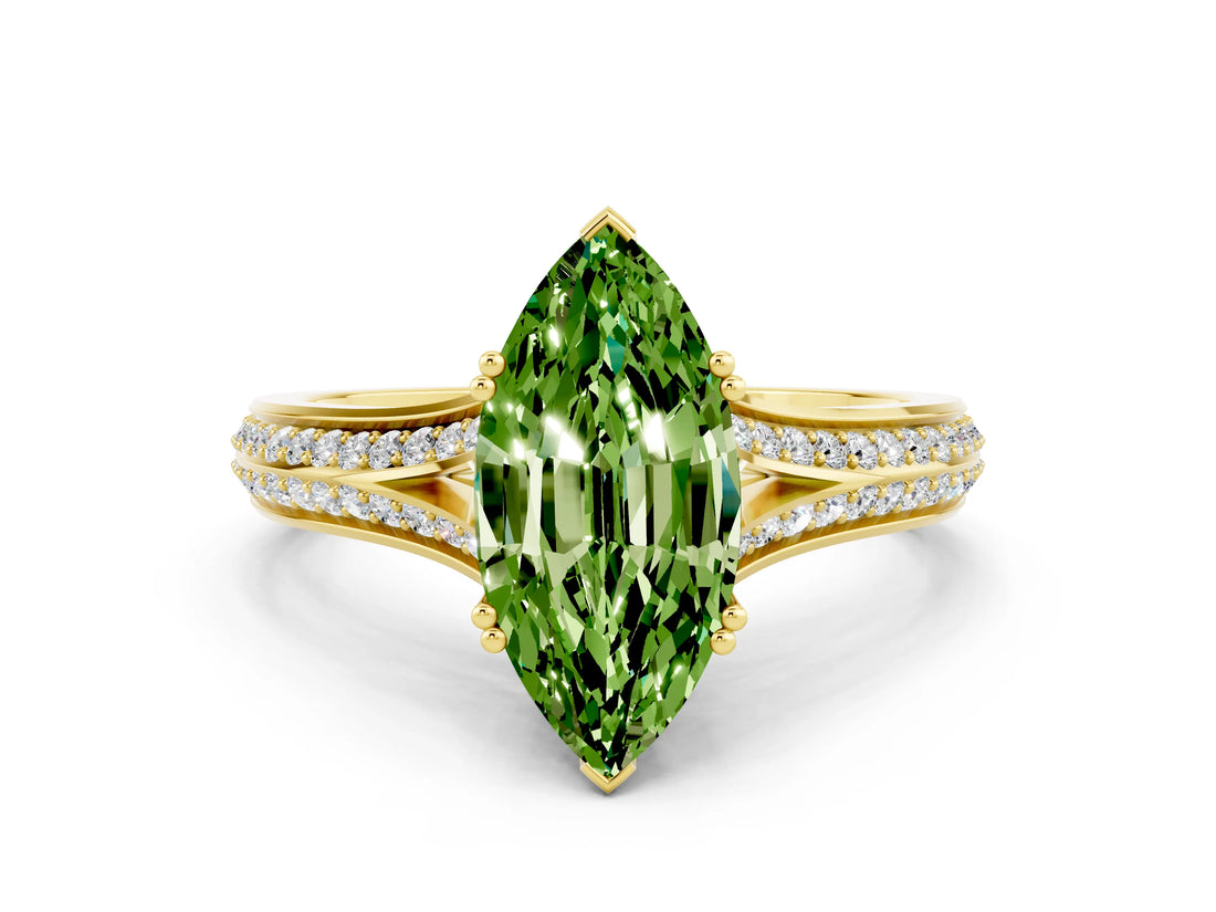 Yellow gold Marquise Cut Peridot Split Shank Engagement Ring with Pavé Band