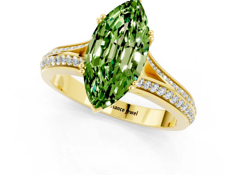 Yellow gold Marquise Cut Peridot Split Shank Engagement Ring with Pavé Band_1