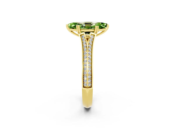 Yellow gold Marquise Cut Peridot Split Shank Engagement Ring with Pavé Band