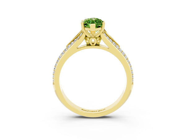 Yellow gold Marquise Cut Peridot Split Shank Engagement Ring with Pavé Band