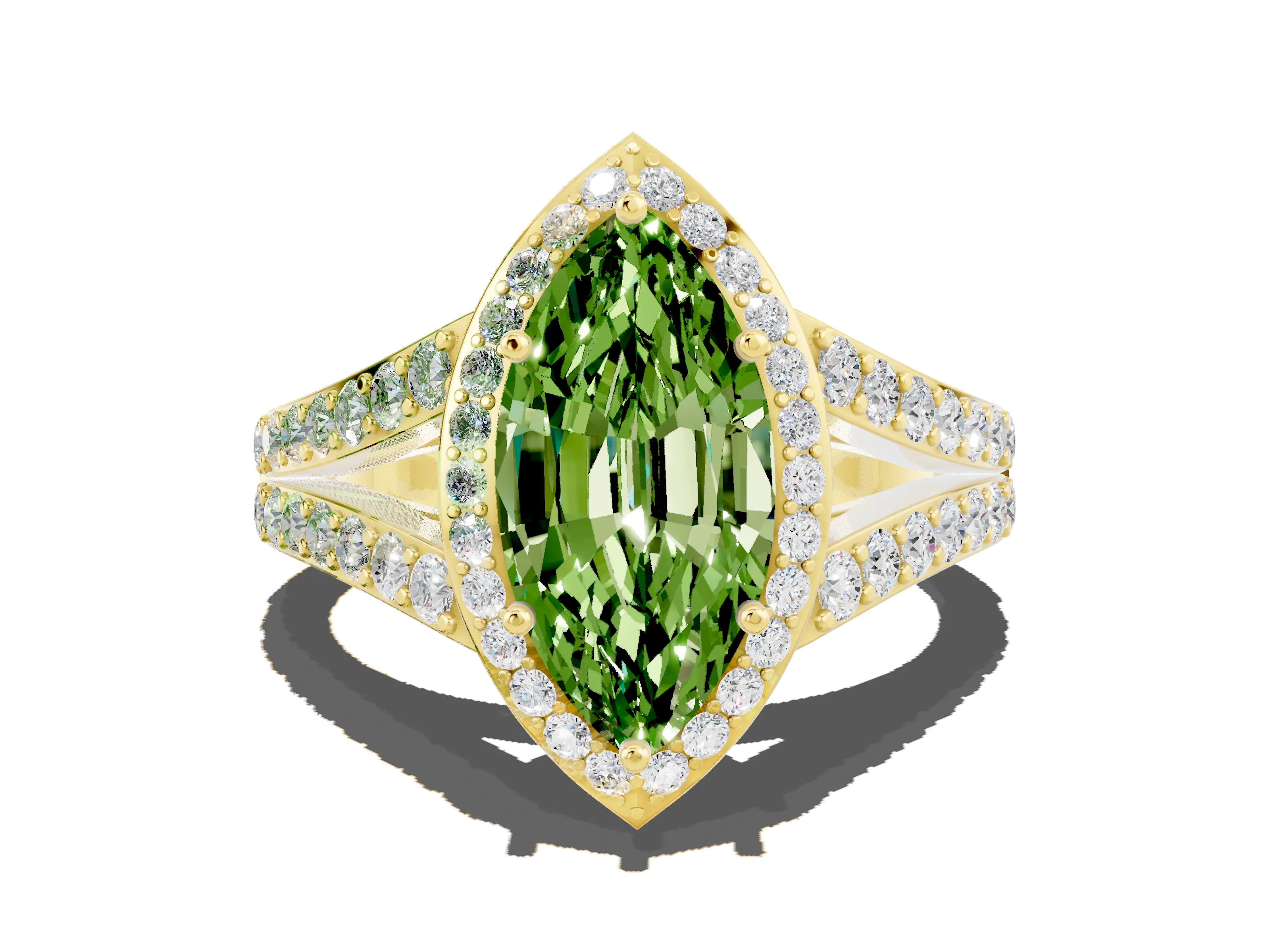 Yellow gold Marquise Cut Peridot Split Shank Halo Ring with Four-Prong Setting_12