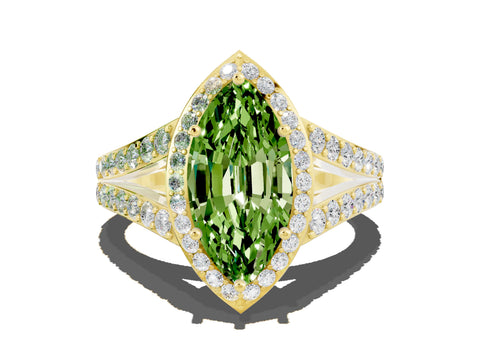 Yellow gold Marquise Cut Peridot Split Shank Halo Ring with Four-Prong Setting_12