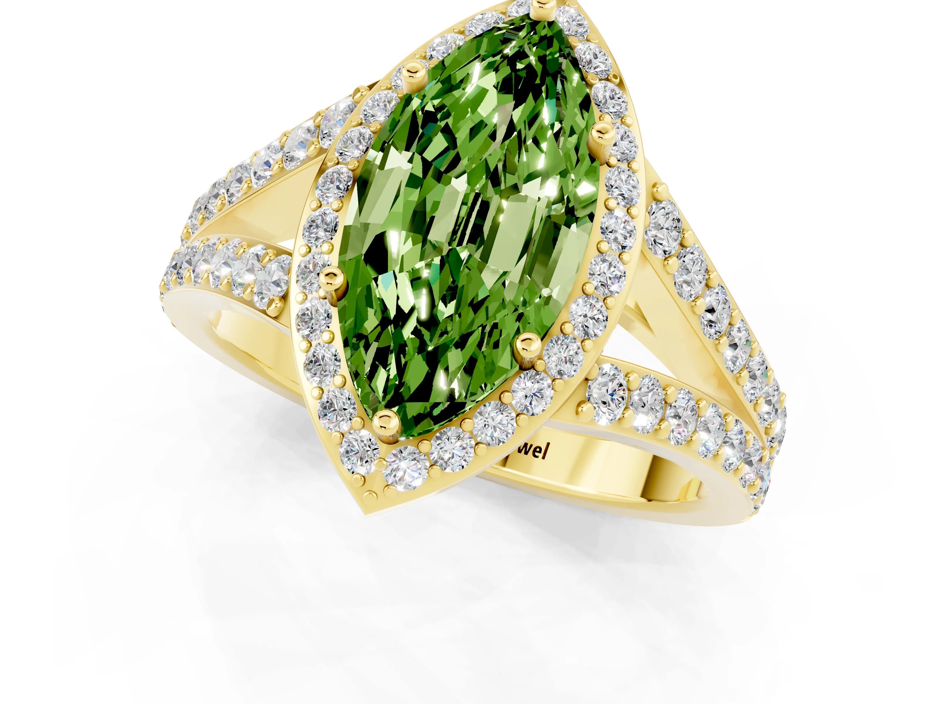 Yellow gold Marquise Cut Peridot Split Shank Halo Ring with Four-Prong Setting_13