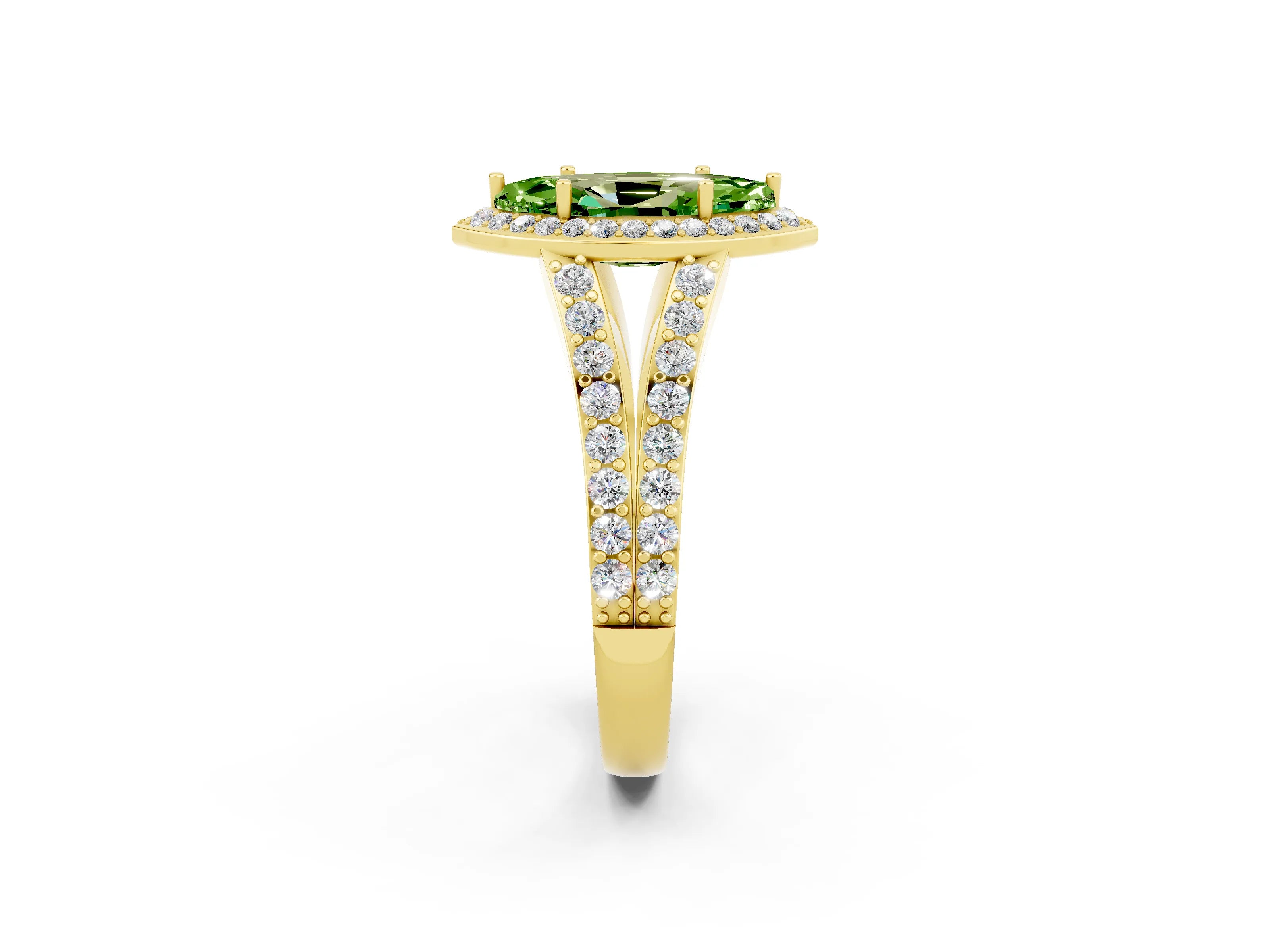 Yellow gold Marquise Cut Peridot Split Shank Halo Ring with Four-Prong Setting_14