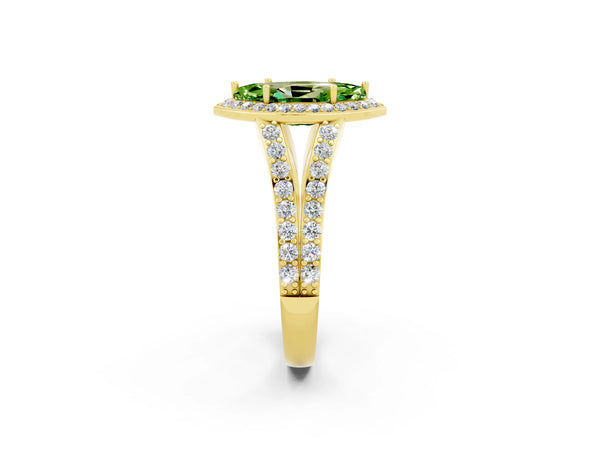 Yellow gold Marquise Cut Peridot Split Shank Halo Ring with Four-Prong Setting