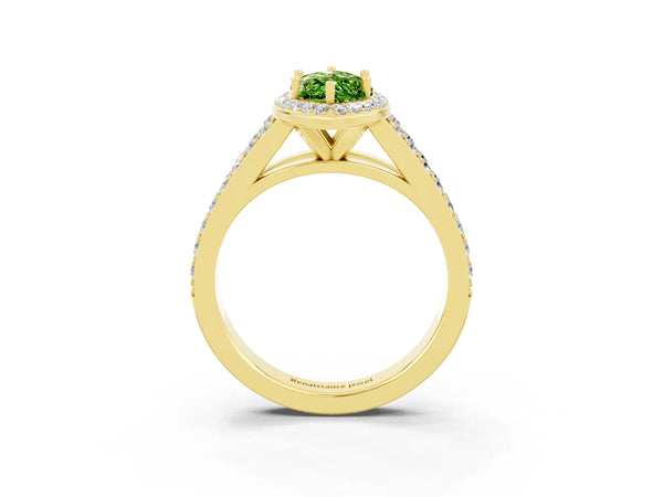 Yellow gold Marquise Cut Peridot Split Shank Halo Ring with Four-Prong Setting