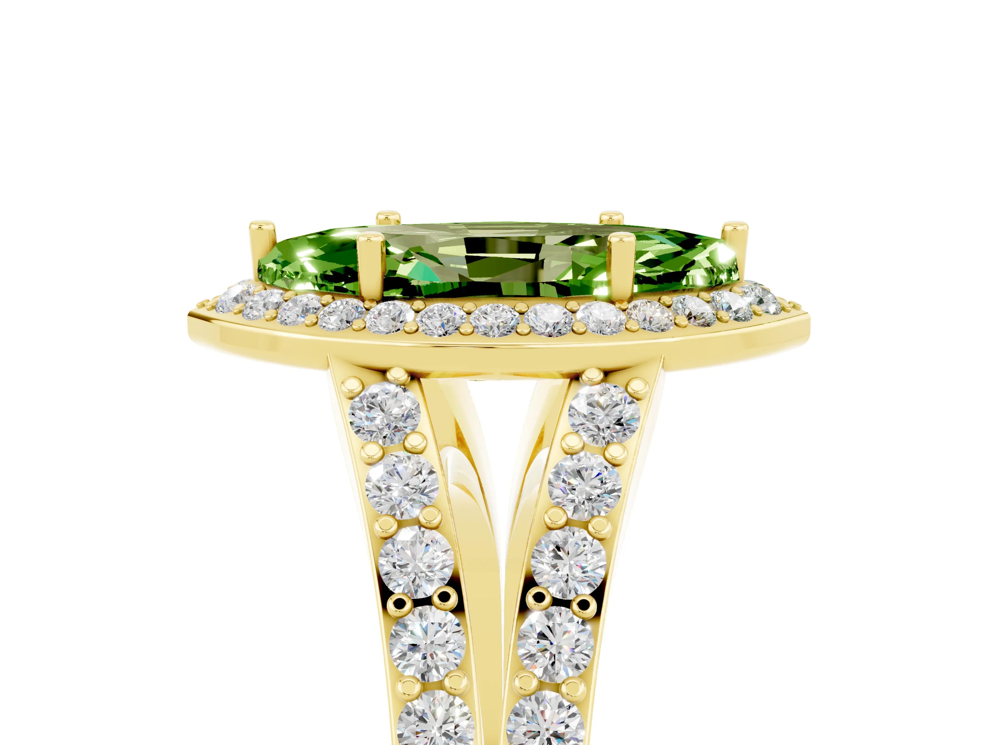 Yellow gold Marquise Cut Peridot Split Shank Halo Ring with Four-Prong Setting_17