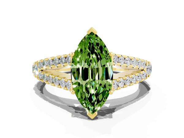 Yellow gold Marquise Cut Peridot Split Shank Pavé Engagement Ring with Four-Prong Setting