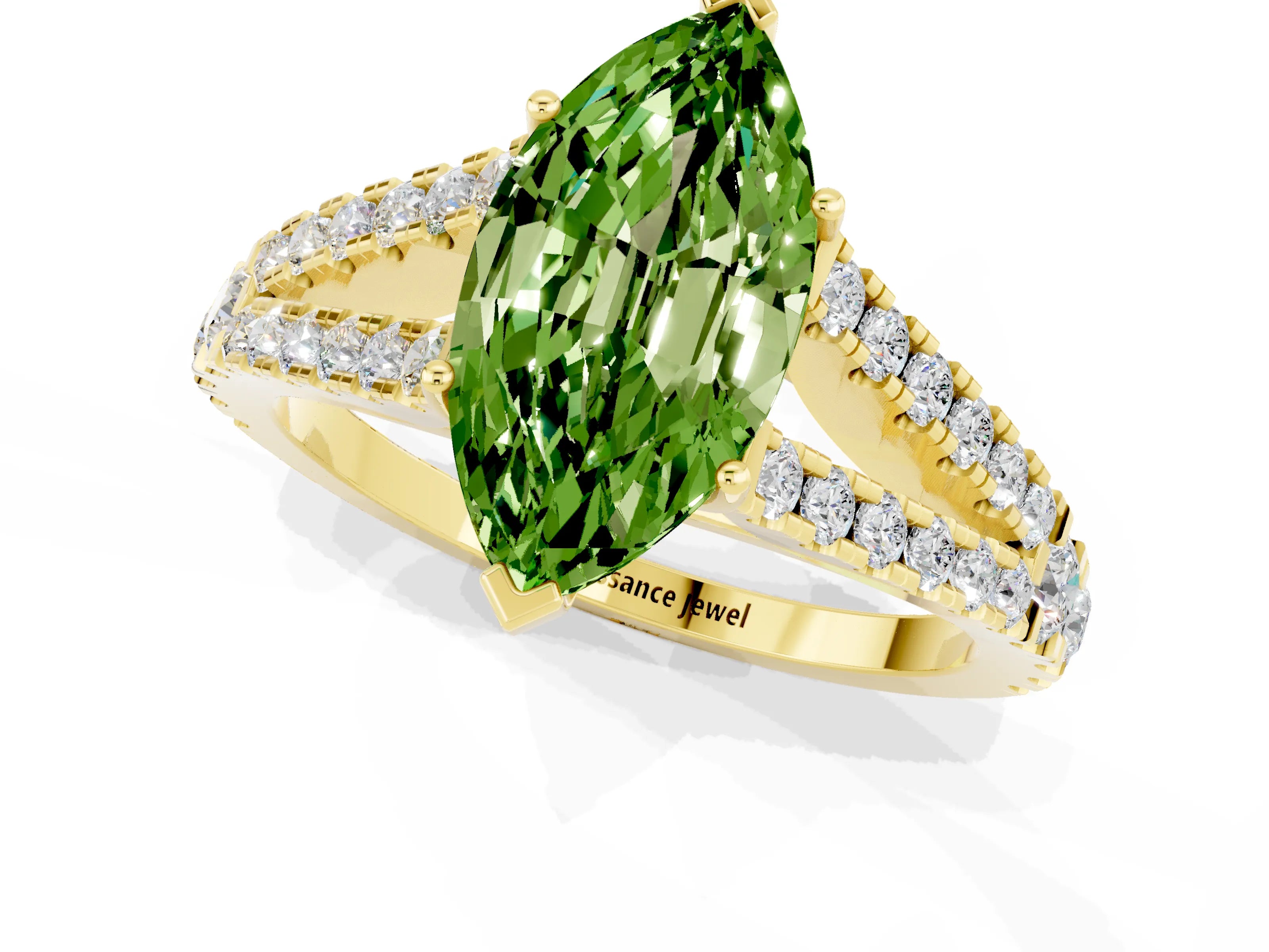 Yellow gold Marquise Cut Peridot Split Shank Pavé Engagement Ring with Four-Prong Setting_13
