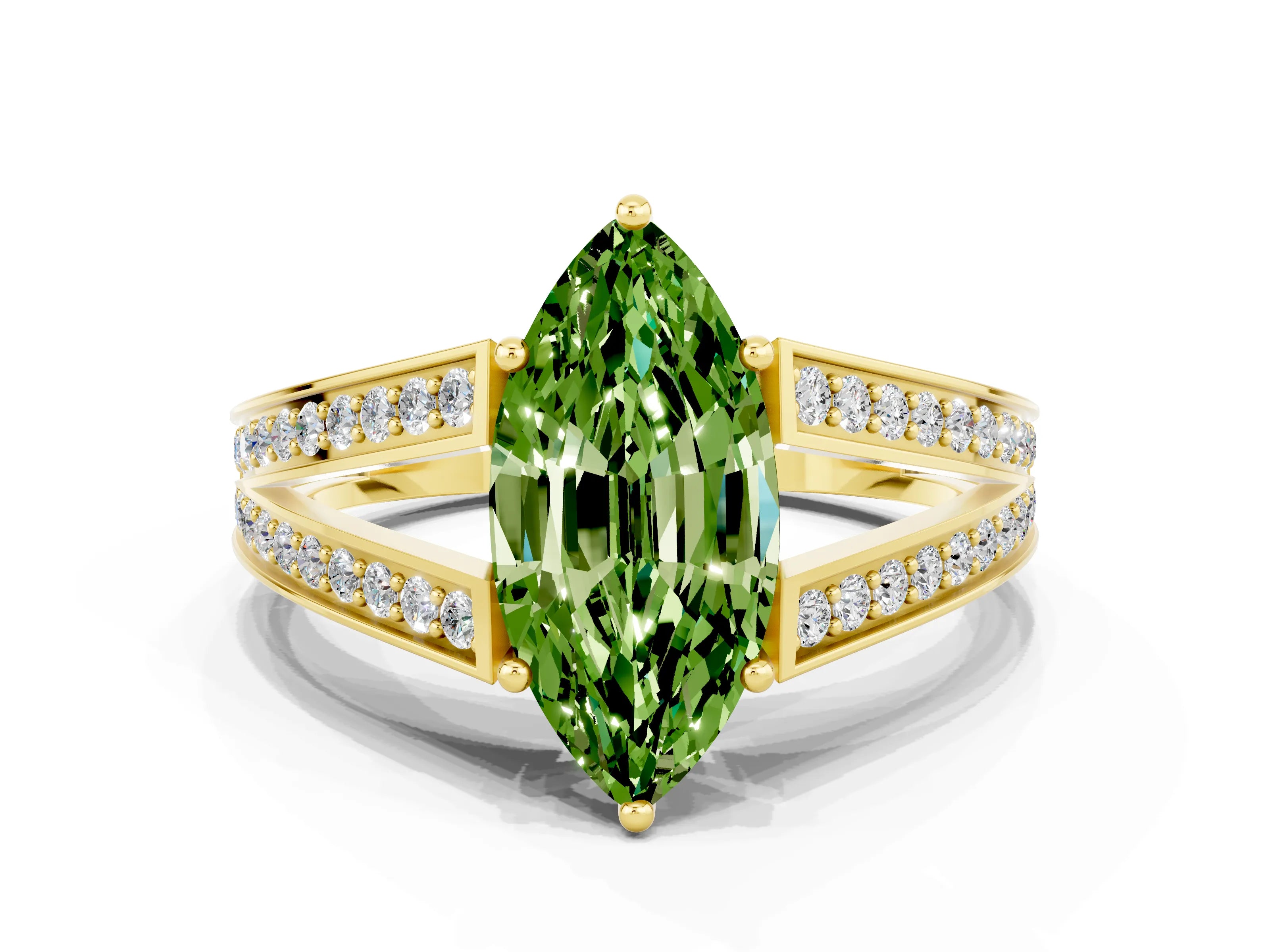 Yellow gold Marquise Cut Peridot Split Shank Ring with Pavé Band and Four-Prong Setting