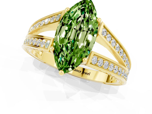 Yellow gold Marquise Cut Peridot Split Shank Ring with Pavé Band and Four-Prong Setting