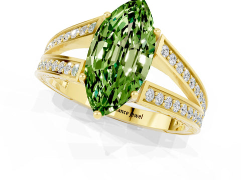Yellow gold Marquise Cut Peridot Split Shank Ring with Pavé Band and Four-Prong Setting_1