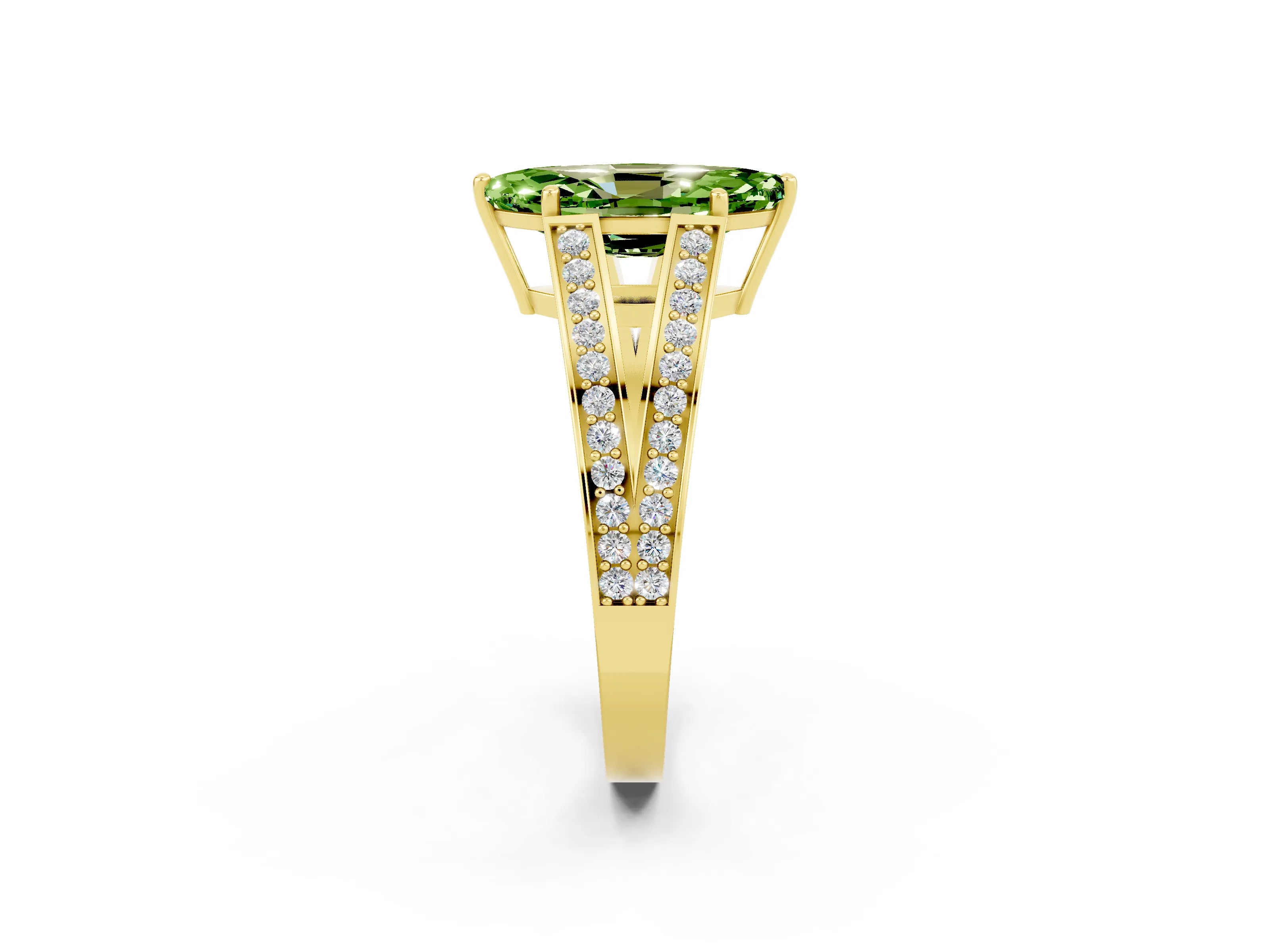 Yellow gold Marquise Cut Peridot Split Shank Ring with Pavé Band and Four-Prong Setting_2