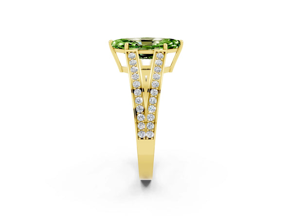 Yellow gold Marquise Cut Peridot Split Shank Ring with Pavé Band and Four-Prong Setting