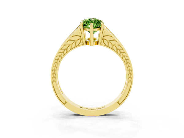 Yellow gold Marquise Cut Peridot Split Shank Ring with Pavé Band and Four-Prong Setting