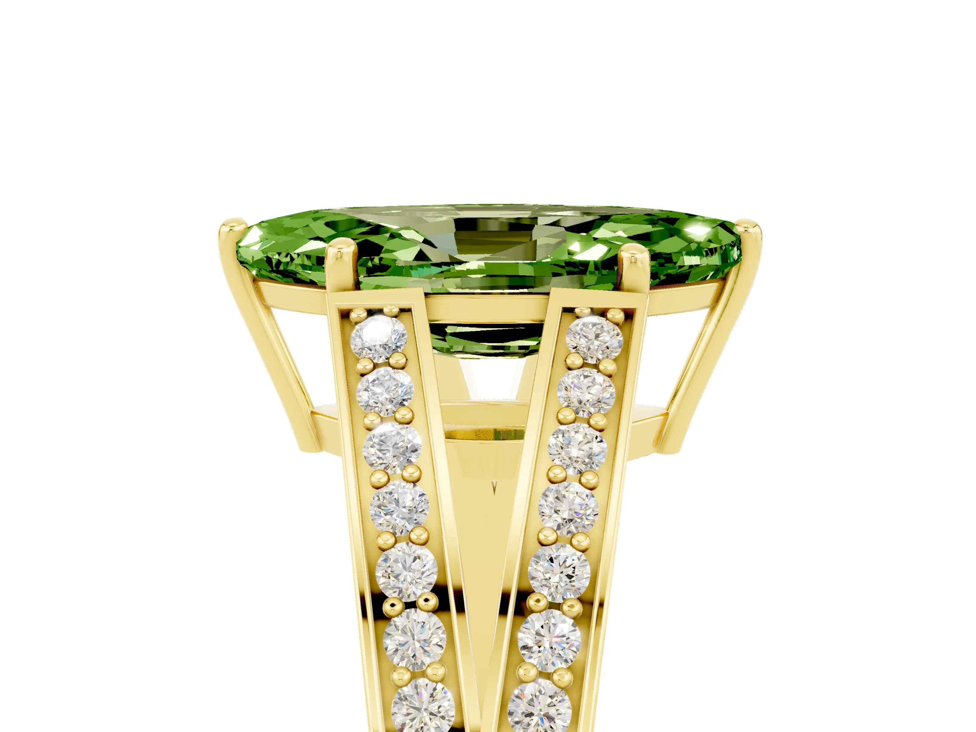 Yellow gold Marquise Cut Peridot Split Shank Ring with Pavé Band and Four-Prong Setting_5