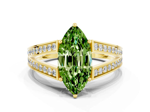 Yellow gold Marquise Cut Peridot Split Shank Ring with Pavé Band and Four-Prong Setting