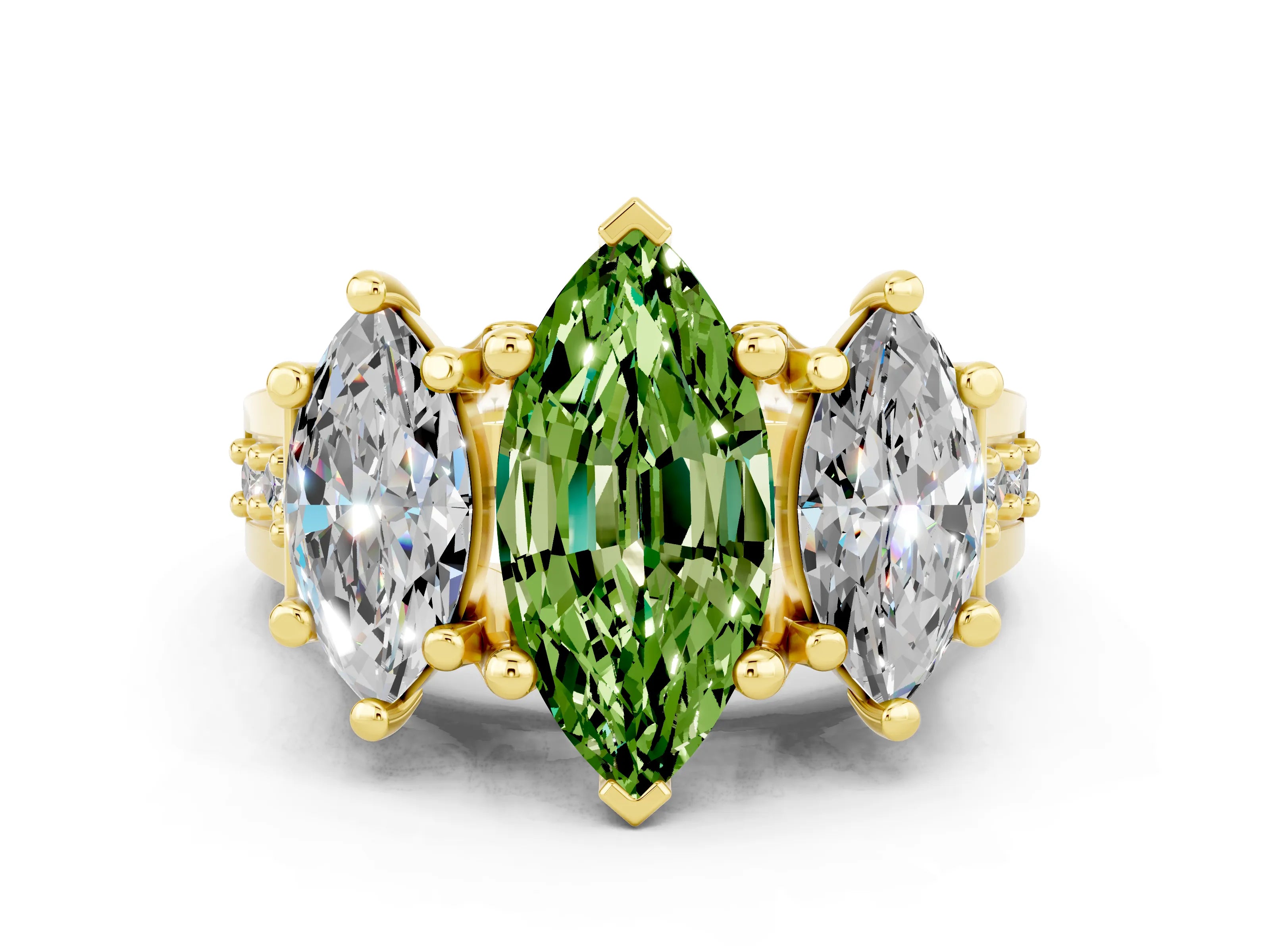 Yellow gold Marquise Cut Peridot Three-Stone Ring with Channel Set Band and Four-Prong Setting