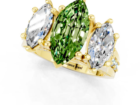 Yellow gold Marquise Cut Peridot Three-Stone Ring with Channel Set Band and Four-Prong Setting_1