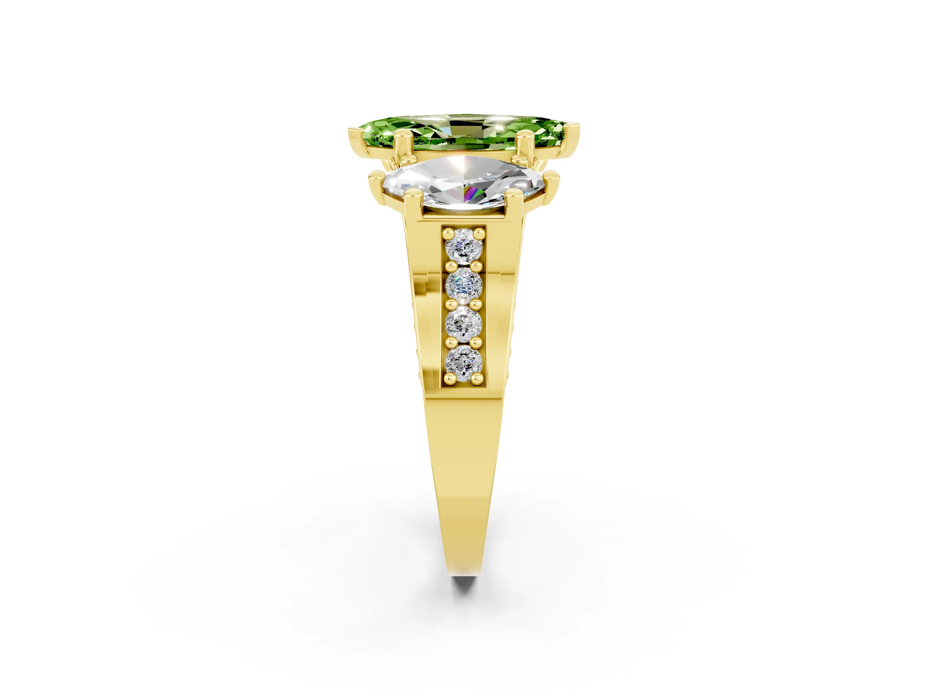 Yellow gold Marquise Cut Peridot Three-Stone Ring with Channel Set Band and Four-Prong Setting_2