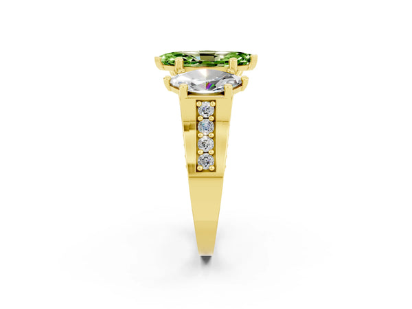 Yellow gold Marquise Cut Peridot Three-Stone Ring with Channel Set Band and Four-Prong Setting