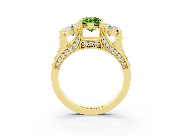 Yellow gold Marquise Cut Peridot Three-Stone Ring with Channel Set Band and Four-Prong Setting